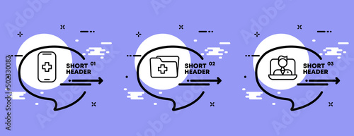 Red Cross set icon. Medical folder, online doctor help, ambulance call. Health care concept. Infographic timeline with icons and 3 steps. Vector line icon for Business and Advertising