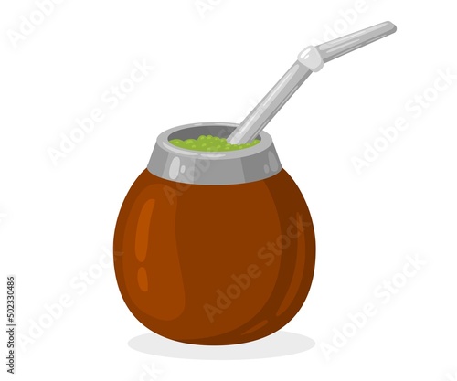 Mate tea in a calabash with a metal straw. Calabash - a traditional vessel for the preparation and drinking of mate, a tonic drink of the peoples of South America. Vector illustration
