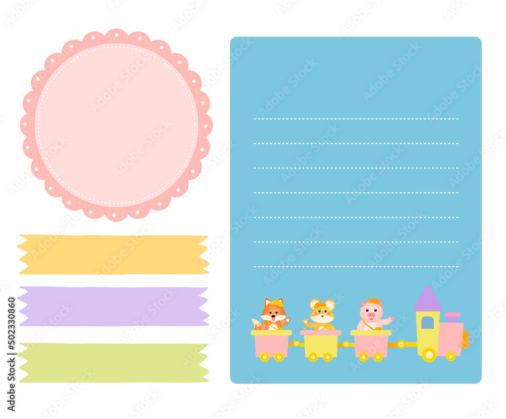 Cute children's letter paper and sticker tape collection illustration set. Notepad, label, cute sticker, name, tag. Vector drawing. Hand drawn style.