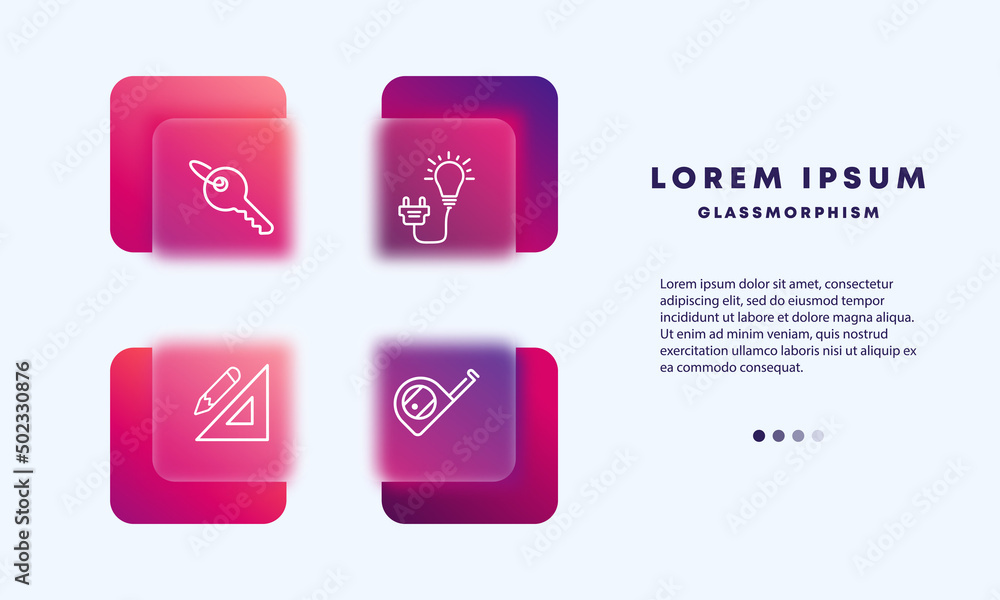 Construction set icon. Key, ruler, lamp, electricity, tape measure, measurements. House layout concept. Glassmorphism style. Vector line icon for Business and Advertising Construction set icon. Key, ruler, lamp, electricity, tape measure, measurements. House layout concept. Glassmorphism style. Vector line icon for Business and Advertising