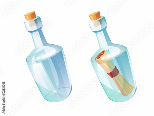 Bottle with paper message in it. Pirates symbol. Cartoon vector illustration.