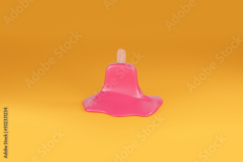 Melting pink ice cream on a hot yellow background, summer is coming concept 3d rendering