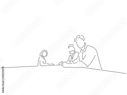 Company work team in line art drawing style. Composition of a group of business people doing their job. Black linear sketch isolated on white background. Vector illustration design.
