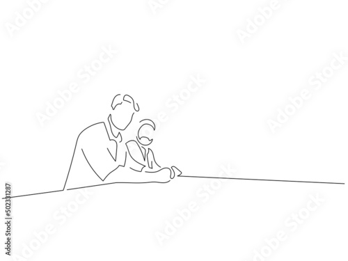Company work team in line art drawing style. Composition of a group of business people doing their job. Black linear sketch isolated on white background. Vector illustration design.