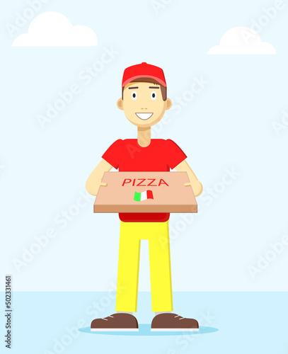 Pizza deliveryman in bright uniform. Vector illustration, flat design