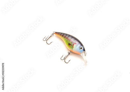Vibrant shad crank bait fishing lure with sharp hooks and natural movement isolated on white background