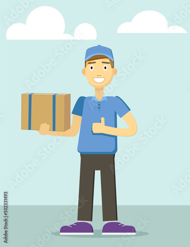 Delivery man, courier with parcel. Vector illustration, flat design