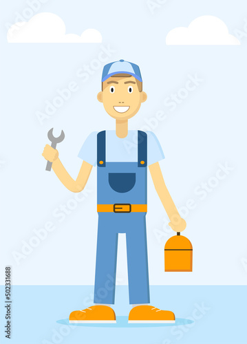 Worker with tools, repairman or plumber. Vector illustration, flat design