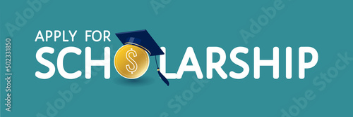 Apply for scholarship vector concept. Text with dollar coin, traditional graduate cap, mortarboard hat. For university, college, high school landing page, template, ui, web, mobile app, poster, banner photo