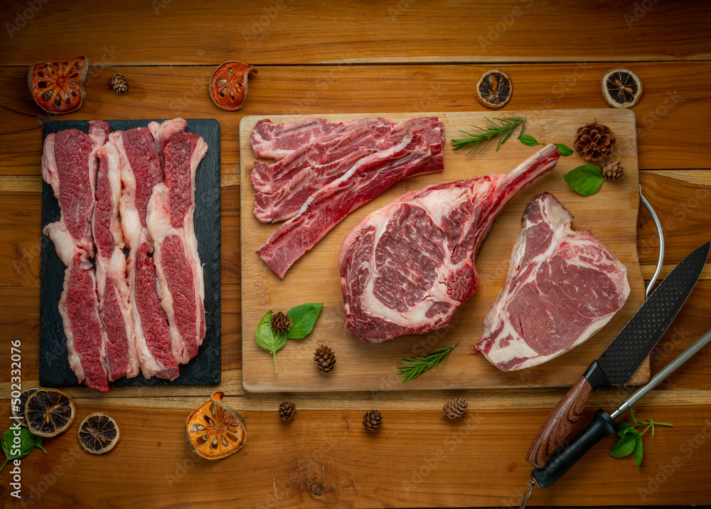 Mixed fresh meat Tomahawk beef, Cross Cut Short Ribs beef, Sliced