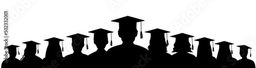 Pyramid of graduates students with academic caps, silhouette. Graduation ceremony. Vector illustration.