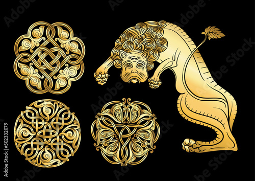 Byzantine traditional historical motifs of animals, birds, flowers and plants Clip art, set of elements for design in gold and black Vector illustration.