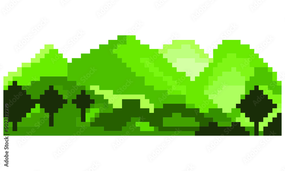 Pixel green mountains landscape and trees Pixel green mountains landscape and trees