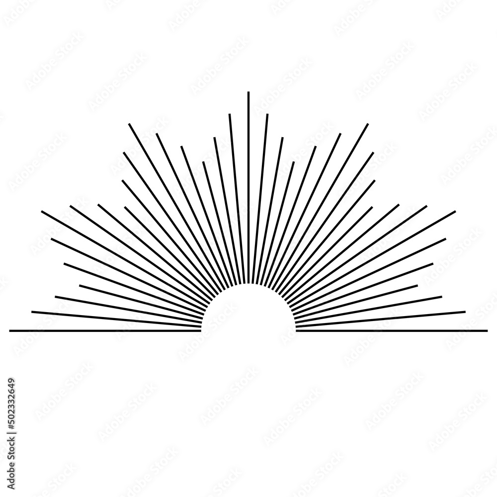 Hand drawn mystical Sun in line art. Sunburst, light rays, spiritual symbol celestial space. Magic talisman, antique style, boho, tattoo, logo. Vector illustration isolated on white background.