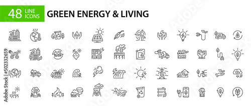 Green energy, ecology, climate change and sustainability icons set. 48 pixel perfect line art icons