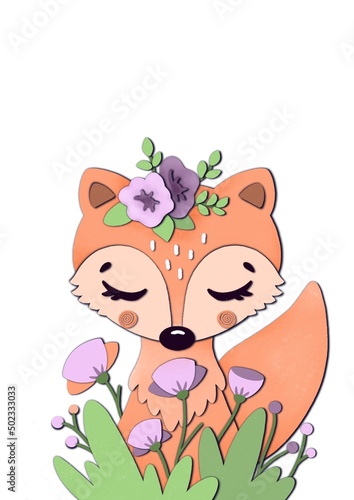 Fototapeta Naklejka Na Ścianę i Meble -  Cute Poster with cartoon animals for children‘s room, greeting cards, children‘s clothing. Nursery printable art. Cute baby fox in flowers