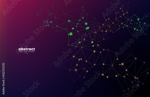 abstract modern art connect line dots in green and yellow on gradient violet can be use for  airline brochure website  template technology product advertisement vector eps.