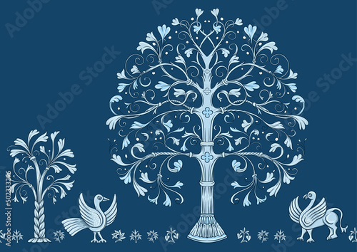 Byzantine traditional historical motifs of animals, birds, flowers and plants Seamless border pattern, linear ornament, ribbon in blue. Vector illustration.