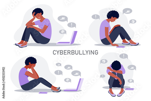 Set of depressed black woman sitting with phone in front of laptop screen  surrounded by message bubbles. Cyber bullying in social networks and online abuse concept. Vector flat cartoon illustration