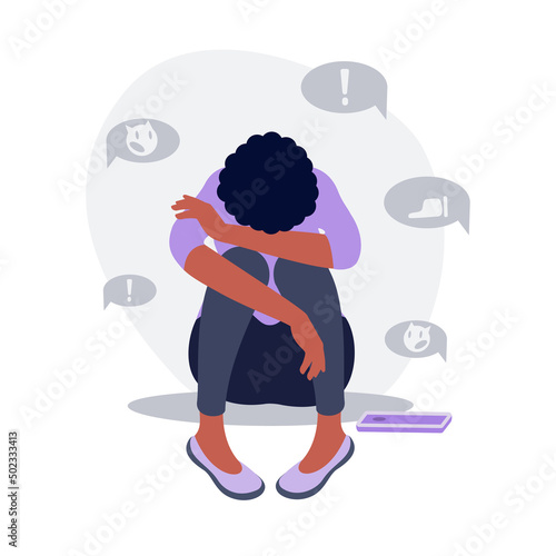 Depressed black woman sitting  on the floor with phone surrounded by message bubbles. Cyber bullying in social networks and online abuse concept. Vector flat cartoon illustration