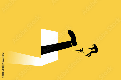 Big foot kick businessman. Fired job. Kick Away, Get Out. Business vector illustration.