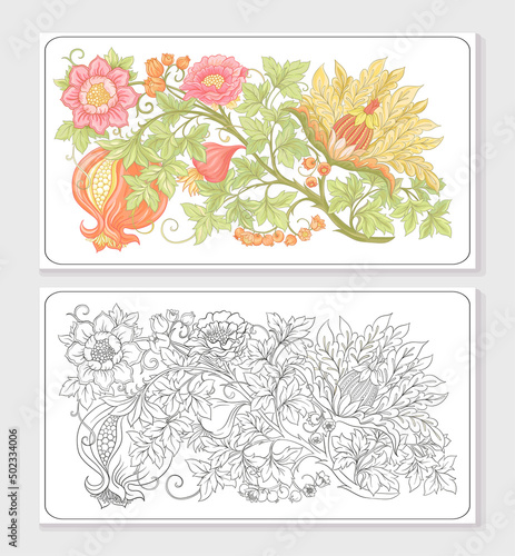 Decorative pomegranate fruits and flowers in art nouveau style, vintage, old, retro style. Coloring page for the adult coloring book. with colored sample. Vector illustration.