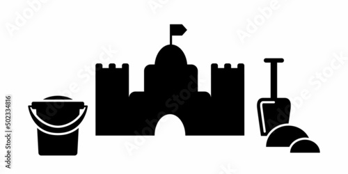 Infographics of children's creativity. Sand castle with shovel and bucket. Black and white illustration in flat graphic style.