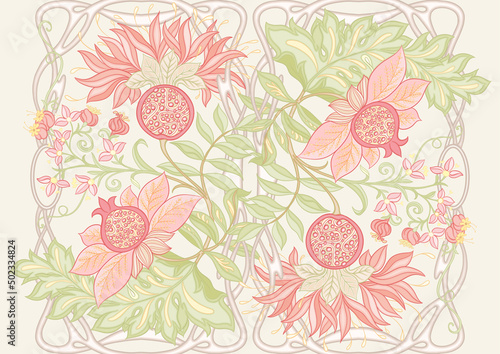Decorative pomegranate fruits and flowers in art nouveau style  vintage  old  retro style. Seamless pattern  background. Vector illustration.