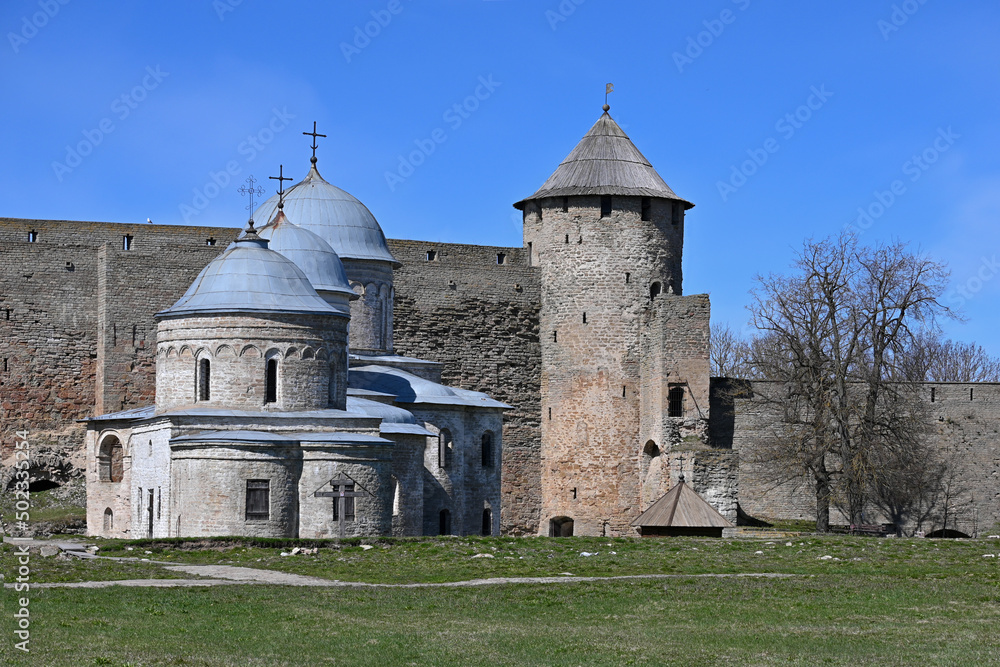 The domes of the cathedral and churches, the fortress wall and the corner tower in the medieval fortress of Ivangorod on the border of Russia and Estonia in the Leningrad region.