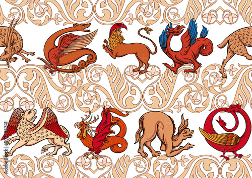 Medieval mythical animals, illuminati manuscript inspiration, romanesque style. Seamless pattern, background. Vector illustration.