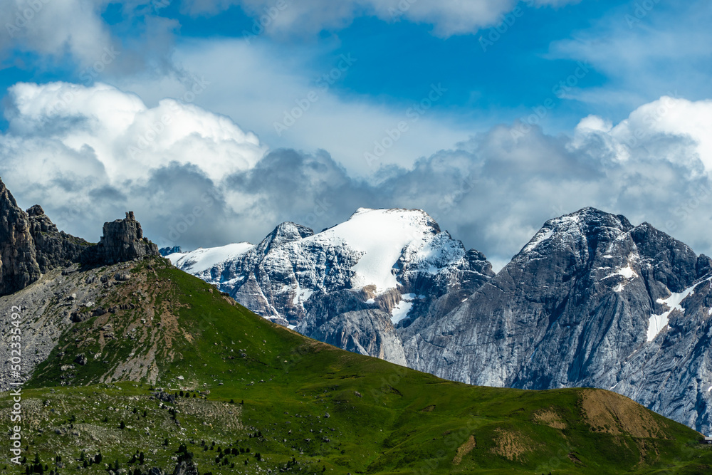 Marmolada Glacier in summer, seen from the Sella Pass, Dolomites, Italy, South Tyrol.