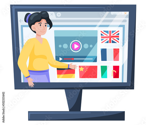 Online education platform, internet course for learning on home, young woman teacher at lesson. E-learning concept. Monitor with online video training for students, independent distance learning