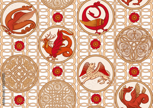 Medieval mythical animals, illuminati manuscript inspiration, romanesque style. Seamless pattern, background. Vector illustration.