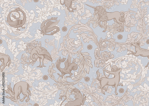 Medieval mythical animals, illuminati manuscript inspiration, romanesque style. Seamless pattern, background. Vector illustration.