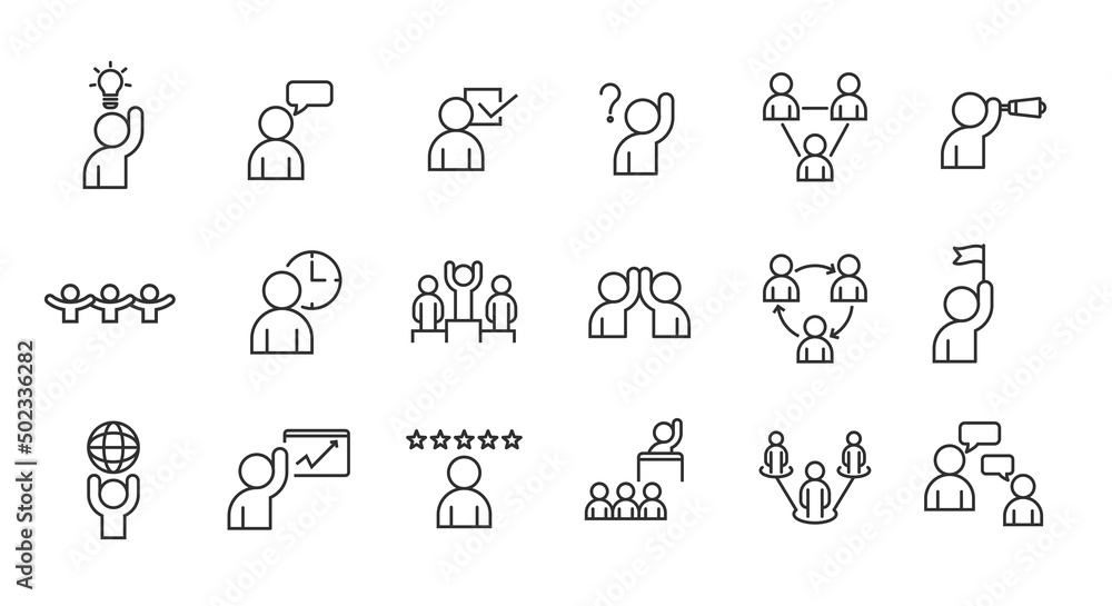 Business team, people, teamwork. Outline icon collection. Editable vector isolated.