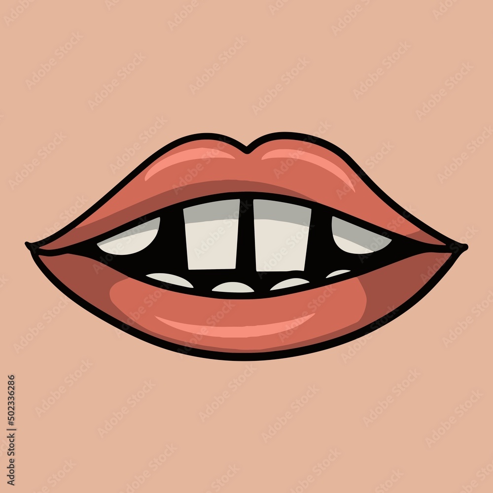 Cartoon pink lips with white square big teeth, vector illustration Cartoon pink lips with white square big teeth, vector illustration