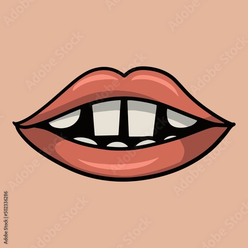 Cartoon pink lips with white square big teeth, vector illustration