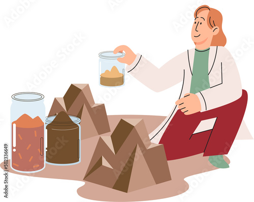 Soil analysis and earth pollution metaphor or structure control. Nutrients microorganism composition research ground layer structure sample. Soil laboratory test. Scientist measuring levels status