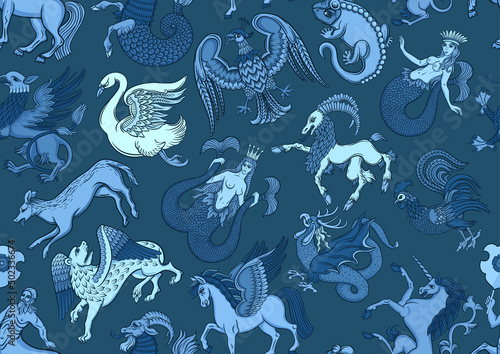 Symbolic, heraldic animals and creatures. Classic, traditional design. Historical ornament seamless pattern, background. Vector illustration.