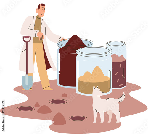 Soil analysis and earth pollution metaphor or structure control. Nutrients microorganism composition research ground layer structure sample. Soil laboratory test. Scientist measuring levels status