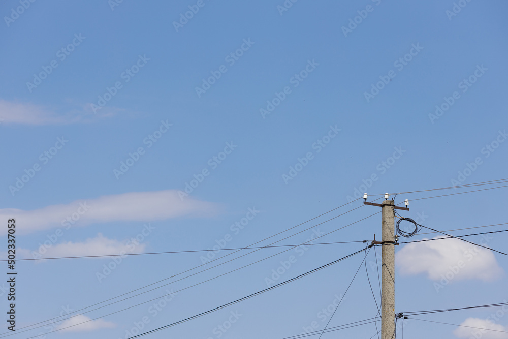 Power electric pole with line wire on colored background close up Power electric pole with line wire on colored background close up