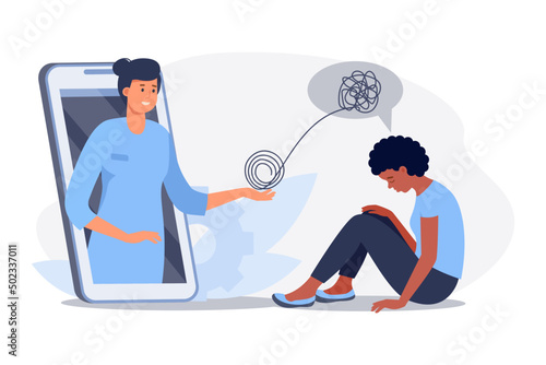 Depressed black woman sitting  on the floor. Psychologist doctor consulting patient in therapy session. Online psychotherapy  concept. Mental health, depression. Human mental problem solutions.