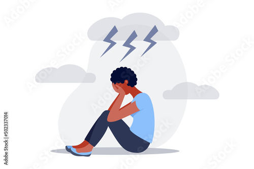Depression, stress, unhappy black woman sitting and crying under cloudy storm sky. Sad female, mental health issues concept. Depressed, unhappy girl in flat vector illustration.
