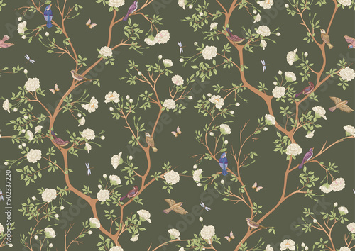 Camellia blossom tree With sparrow, finches, butterflies, dragonflies. Seamless pattern, background. Vector illustration. In botanical style