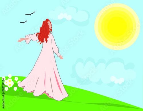 girl in a dress HAVE RELAX CALM KEEP YOUR MIND SUNLIGHT AND BIRDS