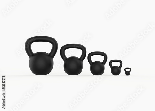 five iron kettlebells in a single line with different weight stamps. Weight training. Lifting heavy equipment. Different weights for bodybuilding. 3d illustration photo