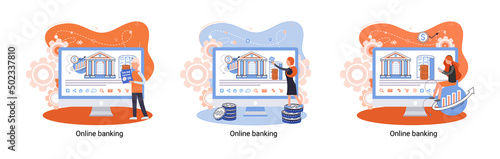 Online banking platform metaphor, remote bank service, online transaction system for mobile investment and payment. Banking operations, currency exchange, check account, manage deposit, e-commerce