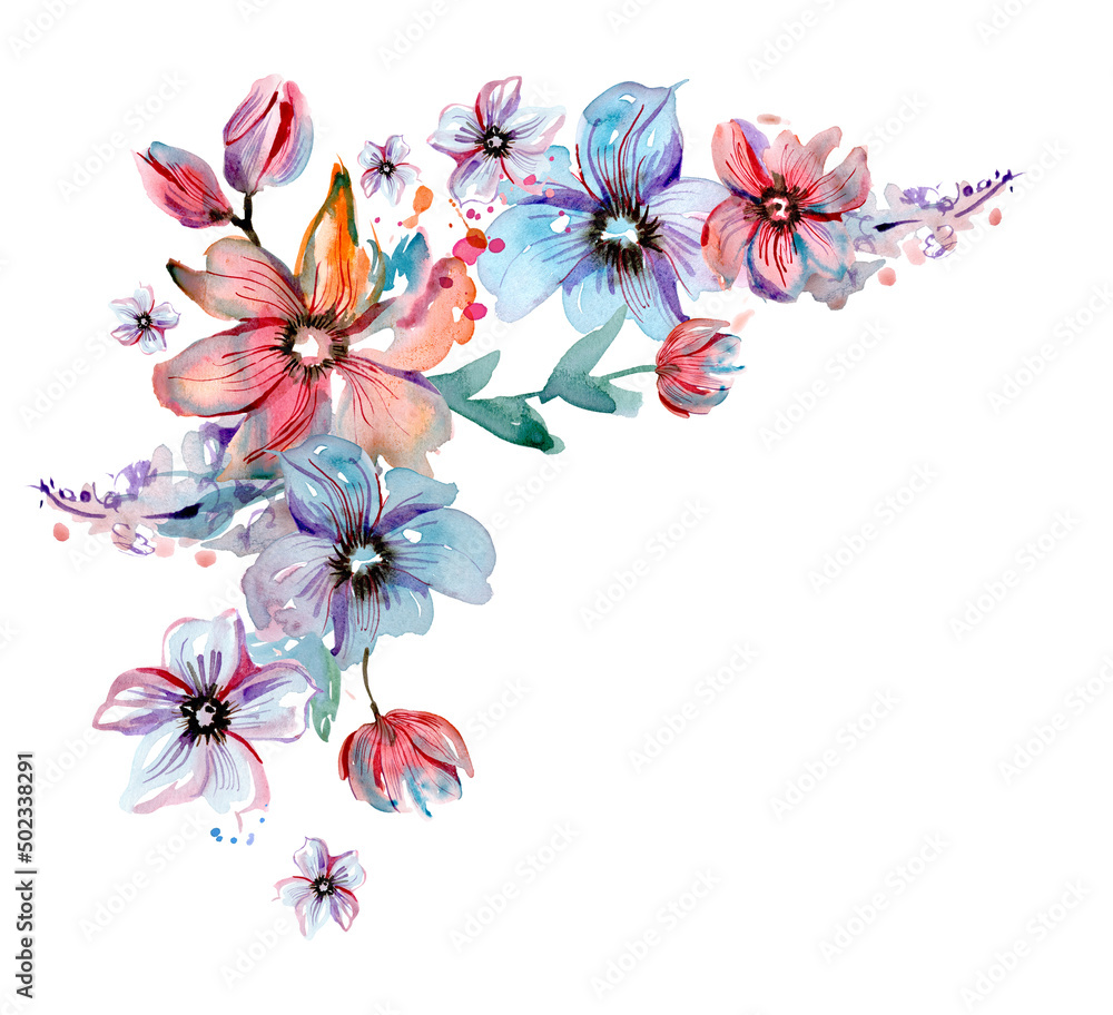 Watercolor floral design. Pink and Blue flowers and watercolor splashes. High quality photo