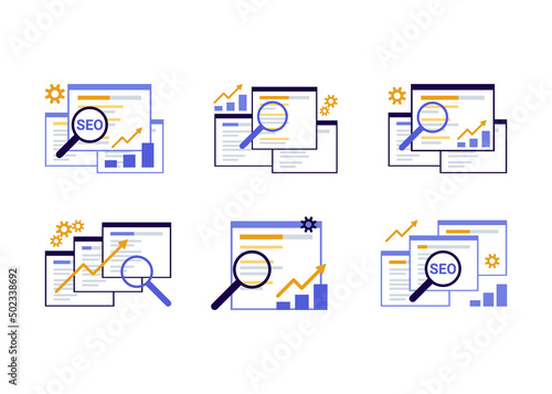 Search engine optimization, SEO optimization, analytics and advertising set concept. Search screen with magnifier. Sign SEO top ranking for web. Vector illustration