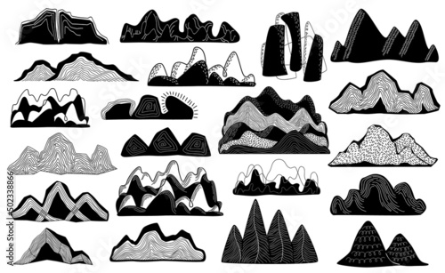 abstract mountains and hills graphic set, isolated vector illustration